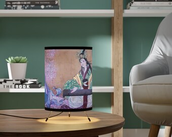 Tripod Lamp with High-Res Printed Shade | Chinese water color painting of women playing musical string instrument | Lunar New Year Gift