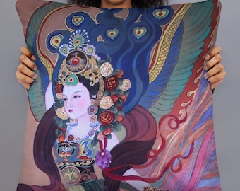 Decorative Pillow | Print of Chinese Watercolor on Silk | Painting of a beautiful girl with silk robes and flowers | Lunar new year gift
