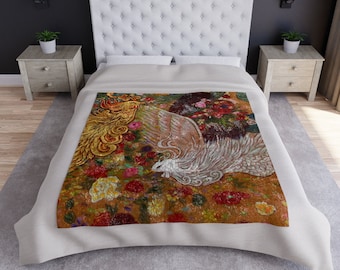 Crushed Velvet Blanket, Perfect for the dorm, Lucky symbols, Mythical bird Phoenix & flowers peonies roses, Print of water color painting