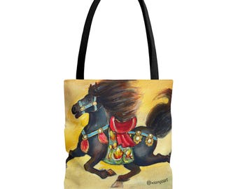 Chinese Horoscope Horse Lunar New Year 2026 Best Gift Black Carousel Horse Tote Bag | Colorful Saddle All-Over Print