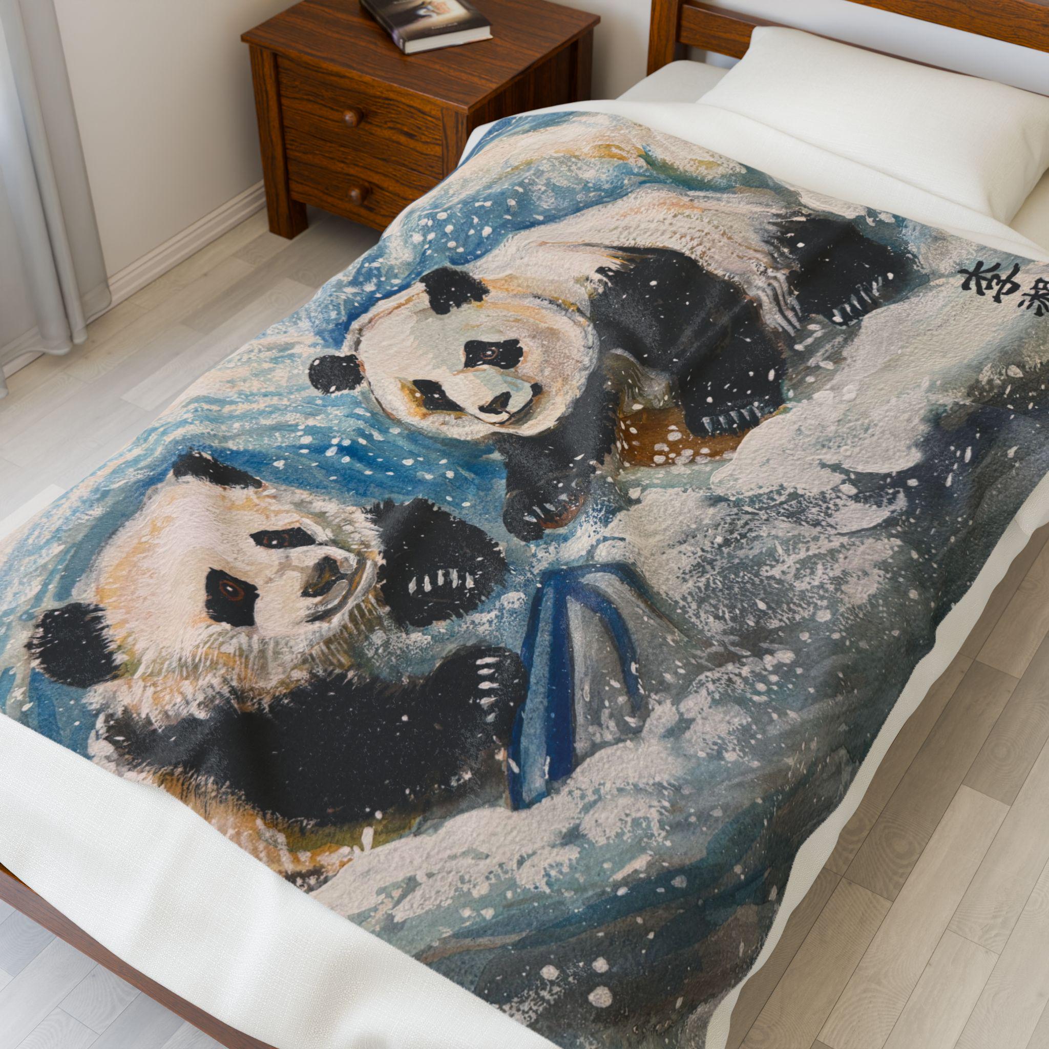 Velveteen Plush Blanket, Panda Bears Playing in the Snow, Cozy Home Decor, Baby Shower Gift, Cute Nursery Bedding, Soft Throw