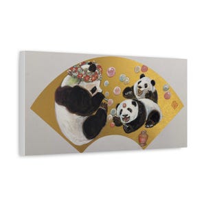 Canvas Print, Wall Art Decor, Panda Bears Family Blowing Bubbles Chinese Watercolor Painting, Golden Fan Style, Panda Artwork