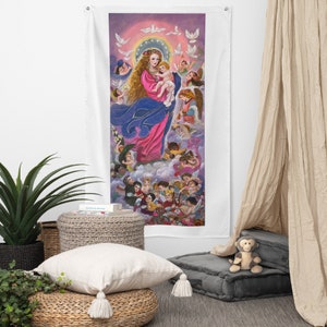 Virgin Mary and Baby Jesus | Chinese Water color Painting on Silk | Flag Wall Art | Catholic art theme