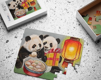 Pandas Lantern and Dumplings "Tang Yuan" Kids Puzzle | 30-Piece Wooden Puzzle