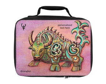 Ornate Celestial Ox Lunch Bag | Zodiac Buffalo Illustration, Personalized Option
