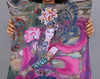 Decorative Pillow | Print of Chinese watercolor painting on Silk | Graceful Empress with lotus and peony flowers | Lunar New Year gift