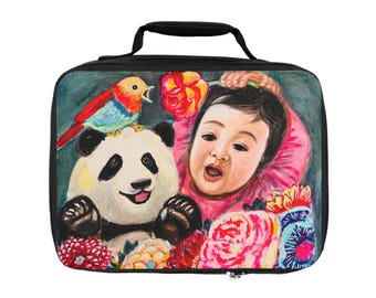 Panda and Baby with Bird Lunch Bag | Floral Pop Art