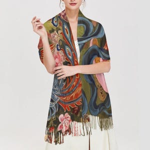 Cashmere-like Tassel Scarf, Chinese Empress, Peonies, Golden Phoenix, Women Fashion Scarf, Print of water color painting, Gift for her