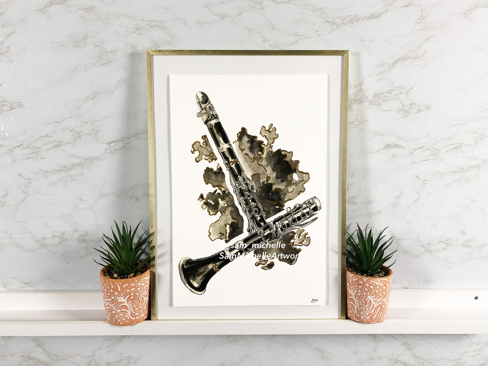 Golden Clarinet Art Wind Instrument Artwork Black and Gold | Etsy