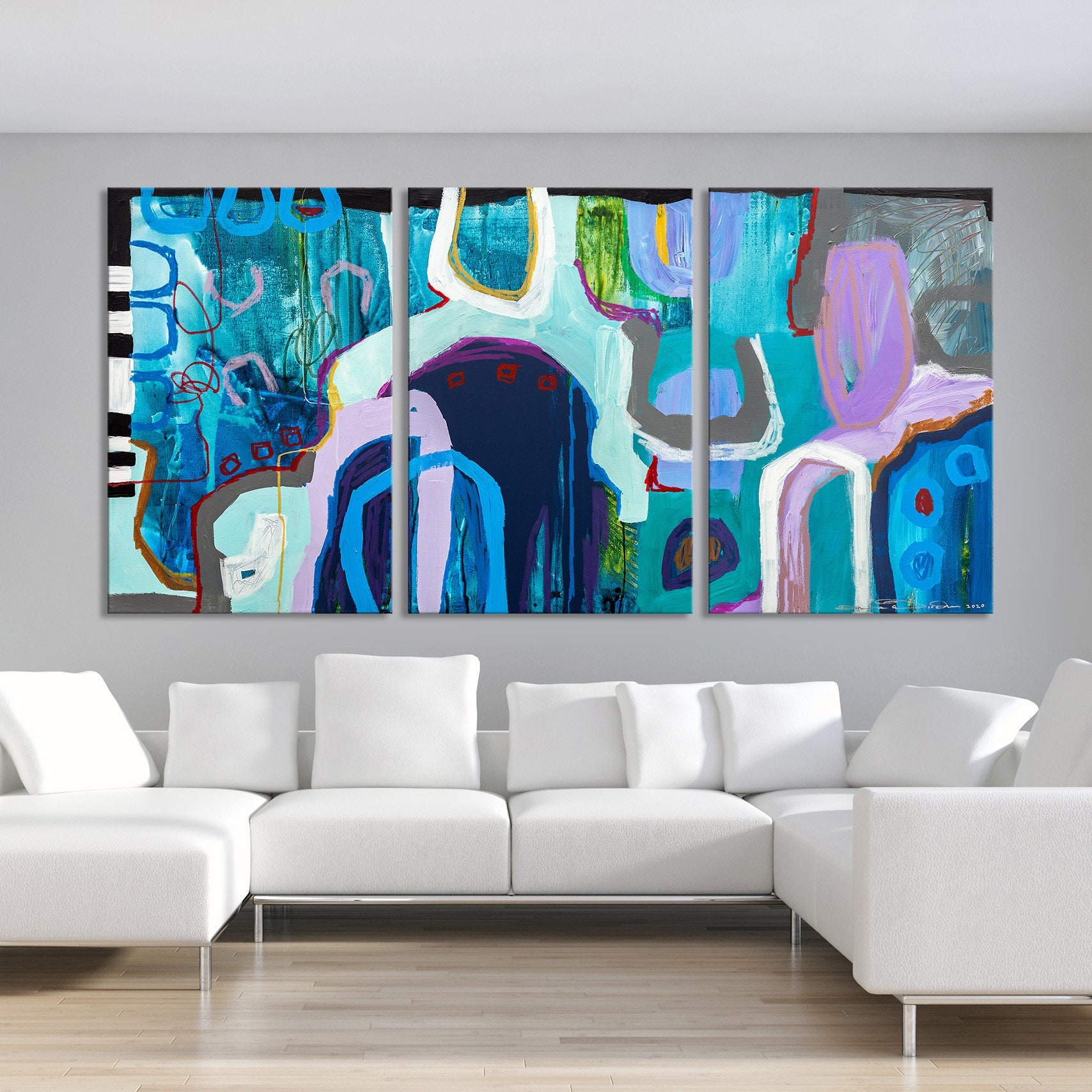 Triptych Abstract Painting Canvas Print Art on Canvas Etsy