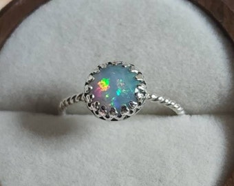 Genuine opal gemstone sterling silver ring, textured twisted band, dainty style, size 4.75