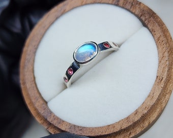 Handmade Sterling Silver Rainbow Moonstone Ring with Pink Tourmaline, Size 7.75