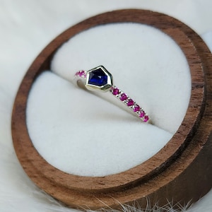 Winza blue natural sapphire ring, horizontal shield, 10 karat yellow gold bezel, sterling silver ring, half eternity pave, synthetic rubies