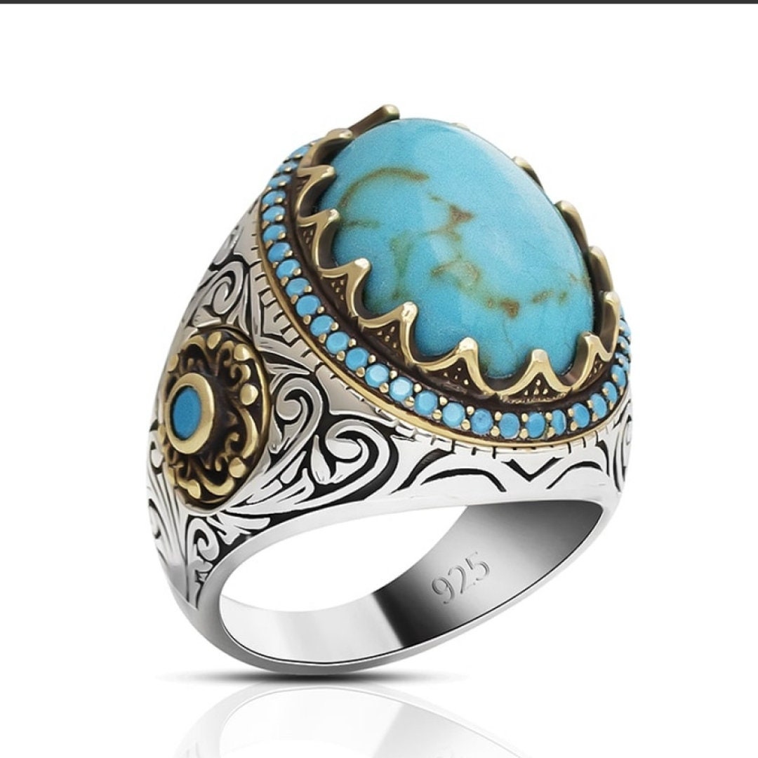 Blue Turquoise Men's Ring in 14k Yellow Gold, Natural Stone Ring for M – J  F M