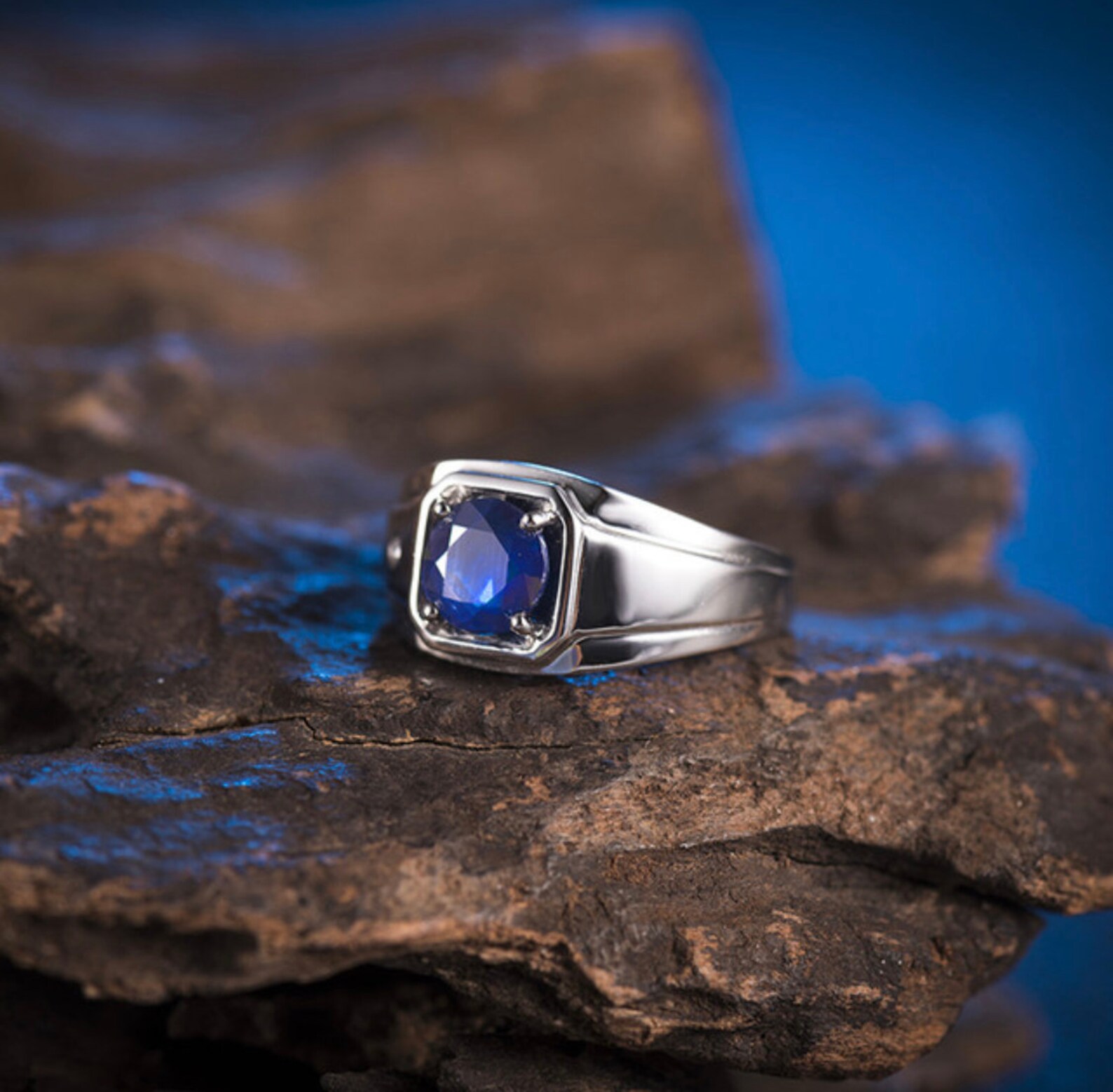 Blue Sapphire Ring for Men Sterling Silver 925 Statement Etsy