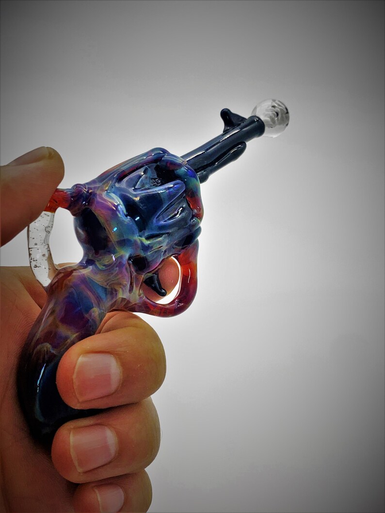 Amber Purple Extra Large Revolver Pistol with Firing Implosion Borosilicate Glass Pendant