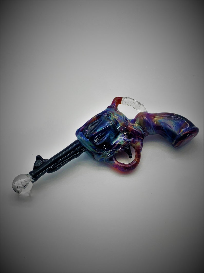 Amber Purple Extra Large Revolver Pistol with Firing Implosion Borosilicate Glass Pendant