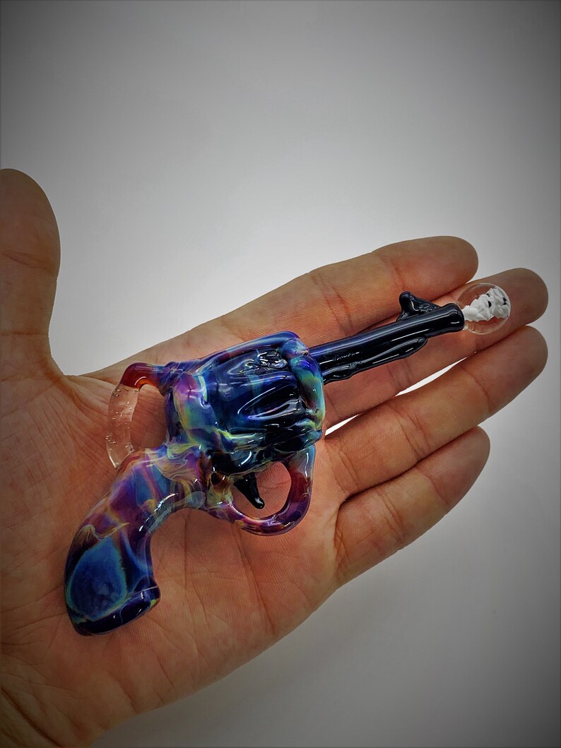 Amber Purple Extra Large Revolver Pistol with Firing Implosion Borosilicate Glass Pendant