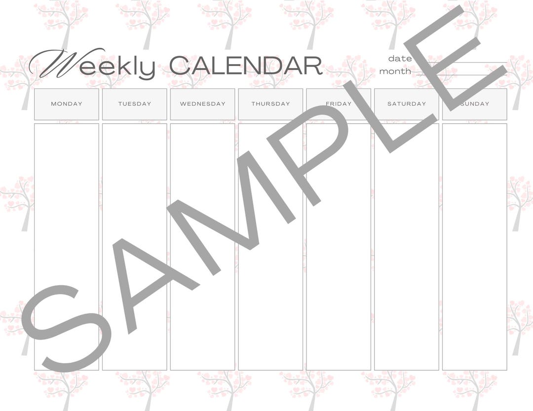 Week Calendar Gritty Printable Weekly Calendar | Heart Print - Etsy