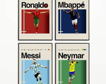 Ronaldo Mbappé Messi Neymar Poster, Helvetica, Mid-Century Modern, Office Wall Art, Slaapkamerkunst WK Design, voetbalposter Minimalistisch