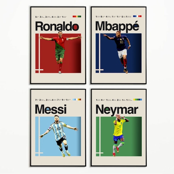 Ronaldo Mbappé Messi Neymar Poster, Helvetica, Mid-Century Modern, Office Wall Art, Bedroom art World Cup Design, soccer poster Minimalist