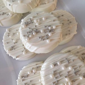 White Silver Birthday Gold Wedding Favor, Party Favor Chocolate Covered Oreos Bridal Shower Baby Shower Dessert Table