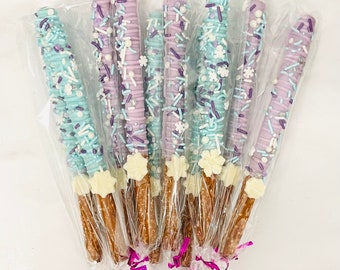 Frozen Snowflake Chocolate Covered Pretzel Rods/Parties/Bridal Showers/Bridal Party/Baby shower/Birthday/Gender Reveal/Wedding/Dessert Table