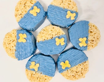 Blue Baby Boy Rice Krispies Treat Baby Shower Kids Party, Birthday, Gender Reveal, Party Favor Dessert Table Rice Krispy Crispy Treat Bow