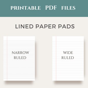 Peut inclure: Fichiers PDF imprimables de blocs de papier lignés. Un bloc a des lignes étroites et l'autre a des lignes larges.