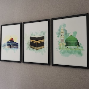 Set of 3 wall art, Kaaba, Masjid Al Aqsa, Masjid An Nabawi, Islamic wall art, Islamic home decor, Islamic gifts, Ramadan wall art, eid gift