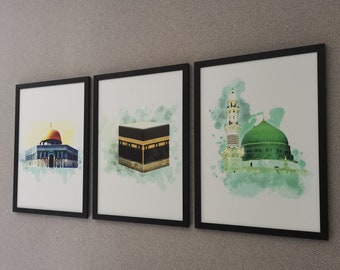 Islamic Wall Art Set: Kaaba, Masjid Al Aqsa, Masjid An Nabawi - Wood Frames