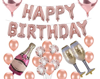 Rose Gold Party Decoration Set With Champagne Bottle, Happy Birthday Decoration