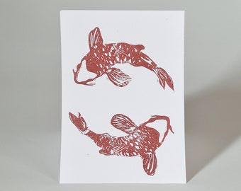 Koi Fish Pond, Hand-Carved Monochrome LinoCut Print