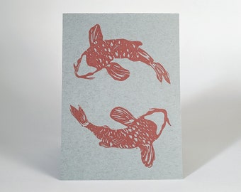 Koi Fish Pond, Hand-Carved Monochrome LinoCut Print (Blue Variant)