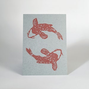 Koi Fish Pond, Hand-Carved Monochrome LinoCut Print (Blue Variant)