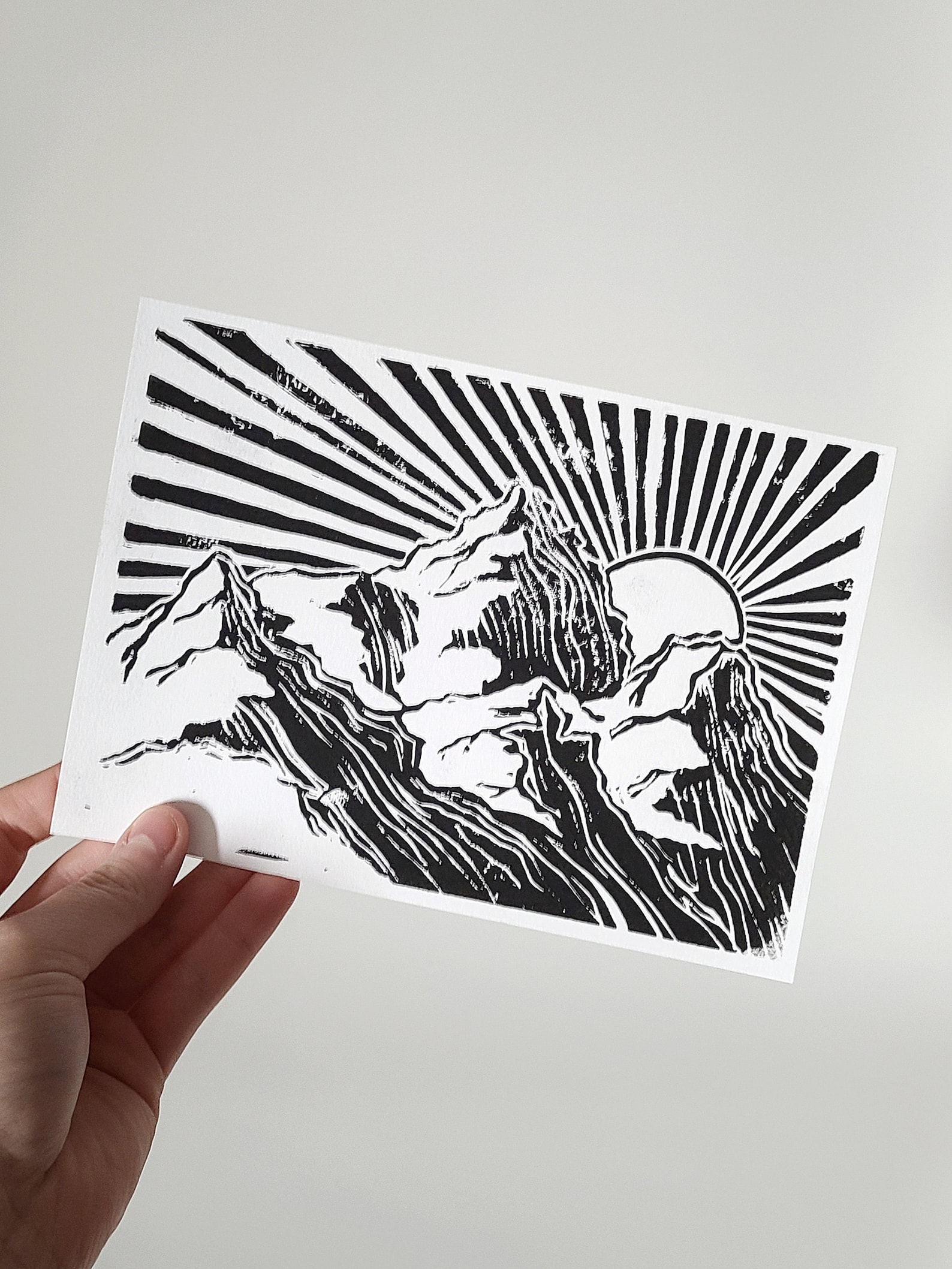 Mountain Sunrise Handmade Black and White Linocut Print Etsy Hong Kong