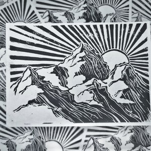 Mountain Sunrise: Handmade Black and White Linocut Print