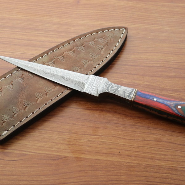 Beautiful Damascus Full Tang Damascus Steel Dagger Fixed Blade Hunting Knife  + Sheath