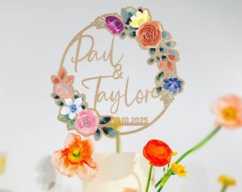 Floral Wedding Cake Topper, Garden Wedding Decor, Custom Name Wooden Sign, Summer Wedding Cake Topper, Just Engaged Gift
