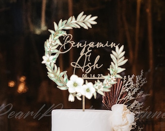 Greenery Leaf Cake Topper, Custom Script Topper For Wedding, Spring Cake Sign, Rustic Wreath Cake Topper, Floral Engagement Cake Topper