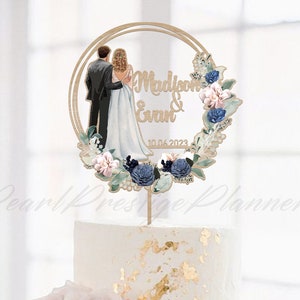Blue and Pink Themed Silhouette Wedding Cake Topper, Design your Own Engagement Cake Topper, Bride and Groom Cake Ornament