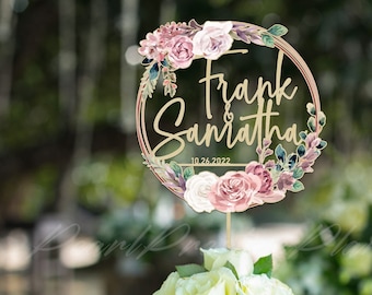 Garden Rose Wedding Cake Topper, Couple Name Spring Cake Topper, Wreath Engagement Cake Sign，Personalised Cake Ornamental
