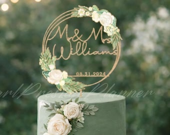 Sage Green Wedding Cake Topper Personalized – Floral Circle Name Cake Topper, Custom Names Date, Minimal Elegant Wedding Decor