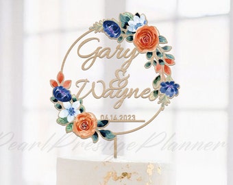 Blue and Orange Watercolor Cake Topper, Floral Wreath Cake Decor, Custom Couple Name Sign, Flower Art Decor, Wedding Cake Sign