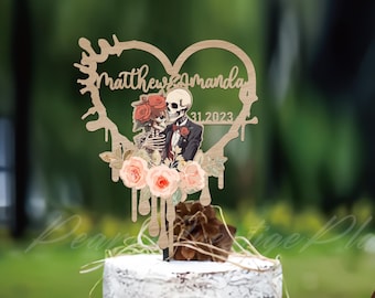 Til Death Do Us Part bruidstaarttopper, skelet paar naamtaartbord, Halloween schedel taartdecor, rozentaartornament