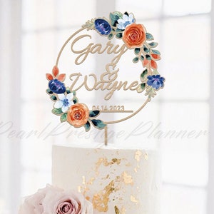 Blue and Orange Watercolor Cake Topper, Floral Wreath Cake Decor, Custom Couple Name Sign, Flower Art Decor, Wedding Cake Sign