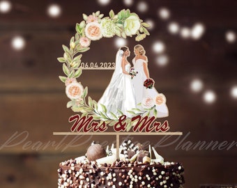 Personalized Floral Wreath Wedding Cake Topper, LGBT Wedding Cake Decor, Lesbian Cake Topper With Rose, Boho Wedding Cake Sign
