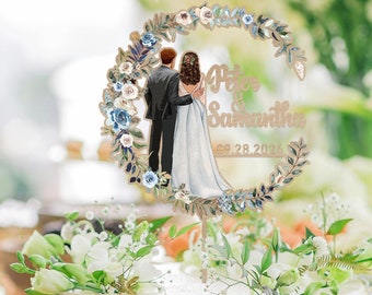 Bride And Groom Wedding Cake Topper, Ivory&Blue Garland Cake Ornament, Custom Couple Dress Suit Wooden Cake Sign, Engagement Cake Decor