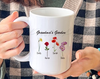 Cadeau fête des mères, mug jardin de grand-mère, mug prénom enfant personnalisé, tasse à café fleur mois de naissance, mug café floral naissance