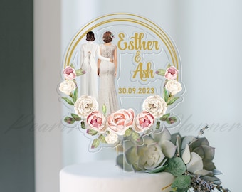 Topper de gâteau de mariage LGBT rose rose, topper de gâteau lesbien, décor de gâteau de mariée et de mariée, signe de gâteau d’amour classique, topper de gâteau floral à thème